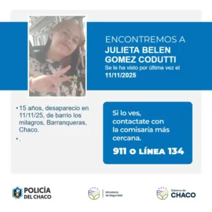 Buscan a una adolescente de 15 años en Barranqueras